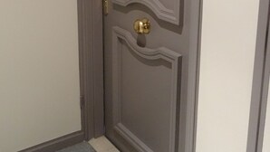 A closed door with a brass handle and a doorknob, a small mat at the entrance, and a light switch on the wall. - One-Bedroom Apartment, good standard,  with balcony and parking (Lyon)