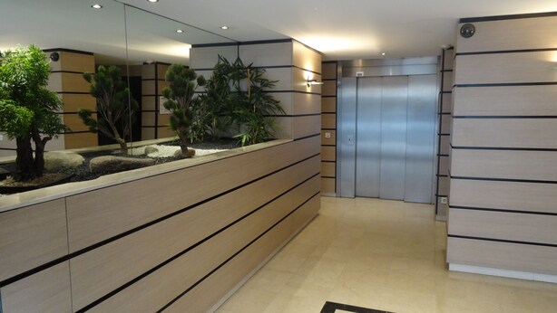 A modern reception area with a wooden reception desk, potted plants, and a metallic elevator. - One-Bedroom Apartment, good standard,  with balcony and parking (Lyon)