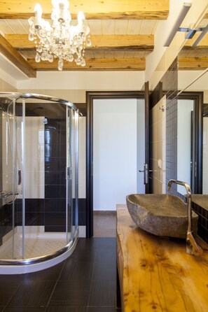 Combined shower/tub, hair dryer, towels, soap