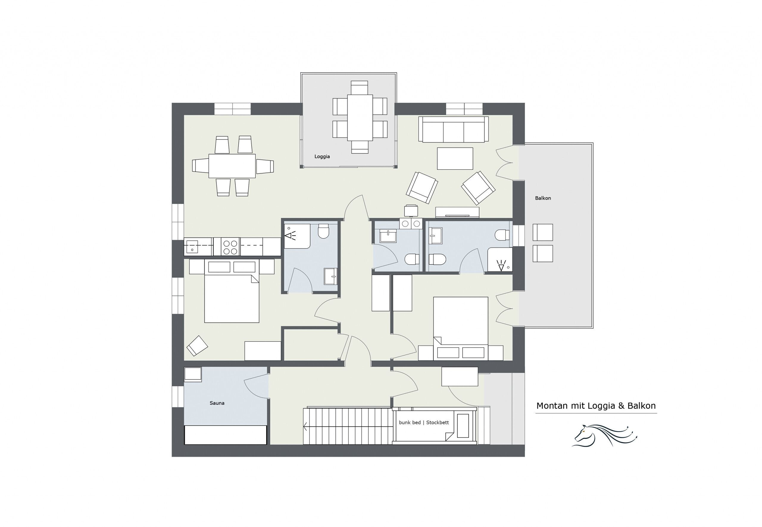 A floor plan of a hotel with a loggia, balcony, sauna, bunk bed, and stockbed.