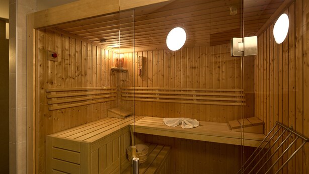 A sauna with wooden walls and benches, a glass door, and a metal bench.