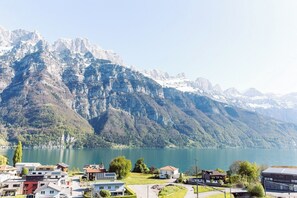 A lakeside view with mountains in the background and a residential area with houses and a building labeled 'Loft Village & Resort.'