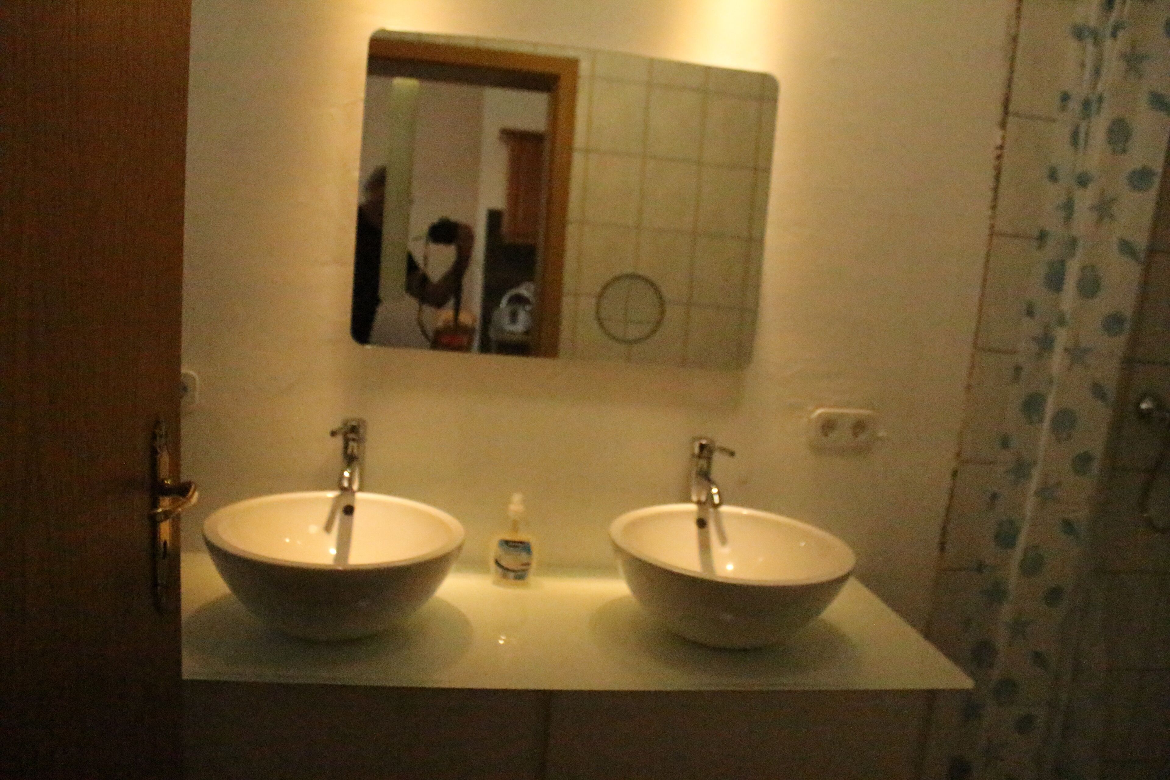 Un bagno con due lavandini, uno specchio e una tenda per la doccia.