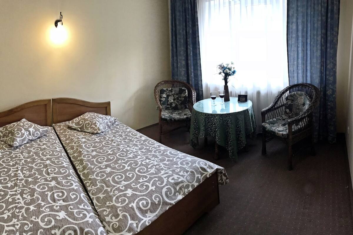 Habitación económica con 1 cama doble o 2 individuales | Escritorio, tabla de planchar con plancha, wifi gratis