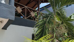 A building with a wooden balcony, a palm tree, and a concrete structure. - Hotel Yamir (Barahona)