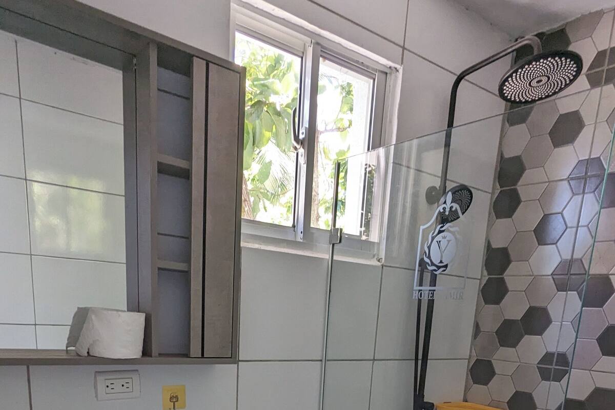 comfort double room, 1 queen bed | bathroom | shower, rainfall showerhead, towels