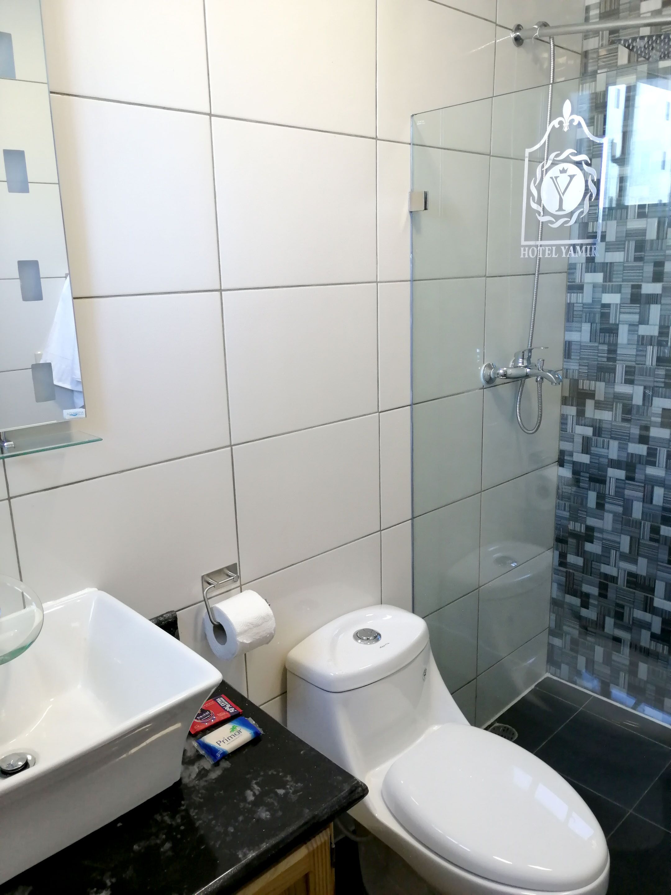 A modern bathroom with a glass shower enclosure, a white toilet, and a sink with a black countertop.