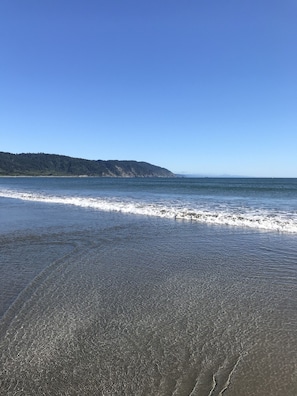 A beach with clear water and a forested hill in the background.