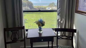 Una habitación con vistas a un campo cubierto de hierba y al océano a través de una ventana, una pequeña mesa con un jarrón de flores y dos sillas.