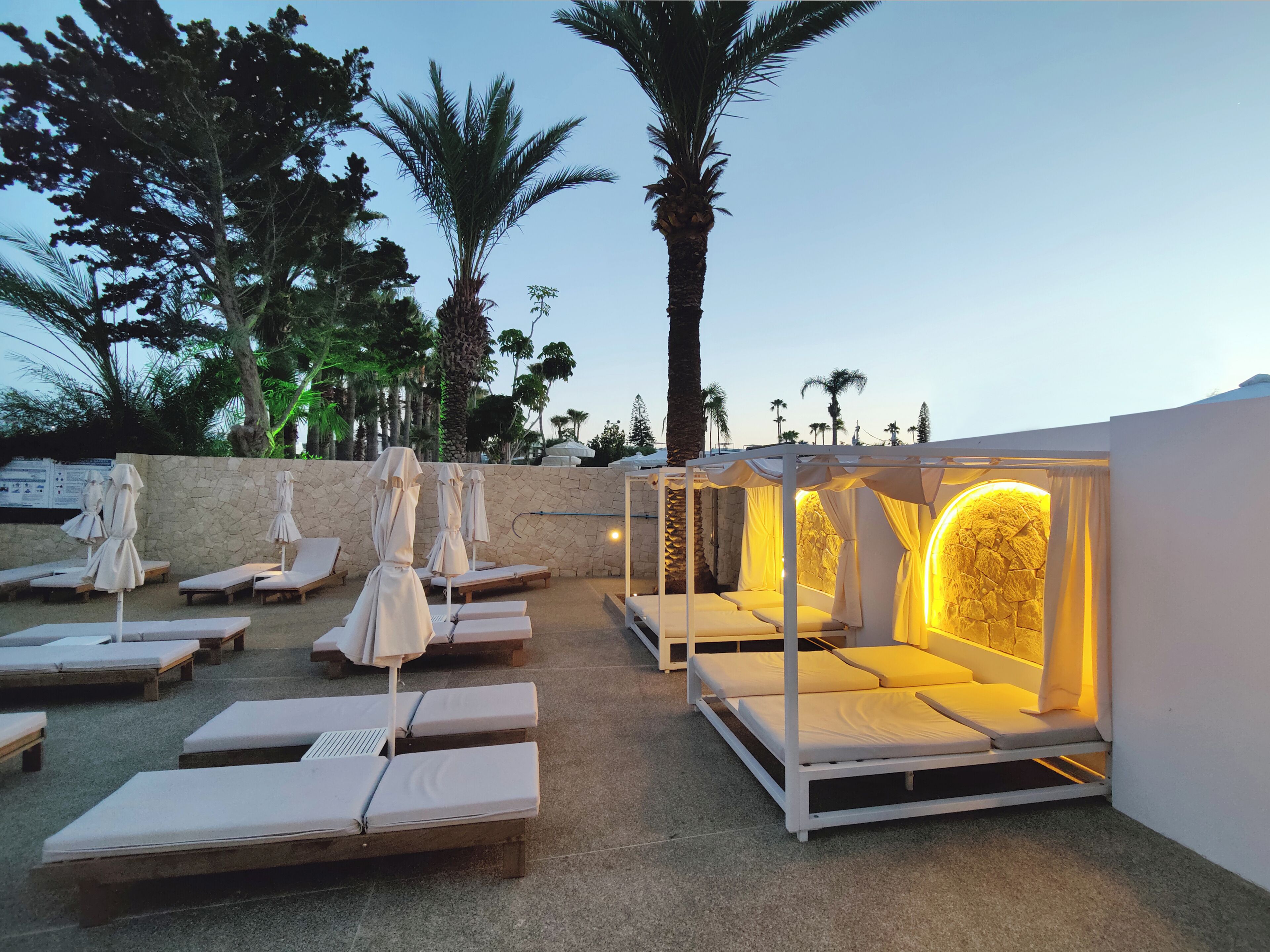 A rooftop lounge area with sunbeds and covered seating, surrounded by palm trees and a stone wall.