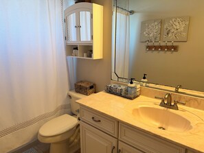 Combined shower/bathtub, hair dryer, towels, soap - The lakefront Brantley House (Longwood)