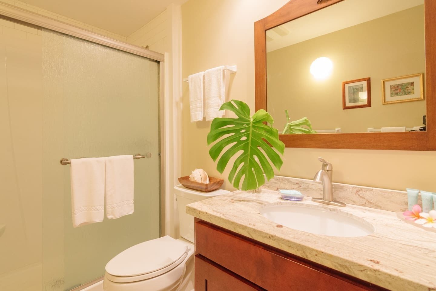 Combined shower/tub, hair dryer, towels, soap