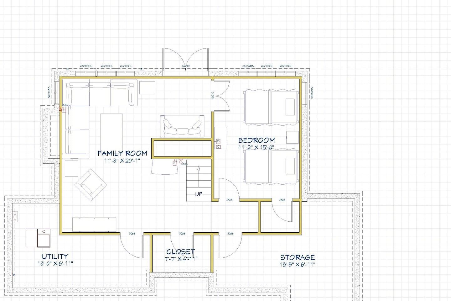 Plano de planta que muestra una sala familiar, dormitorio, armario, zona de servicios y espacios de almacenamiento.
