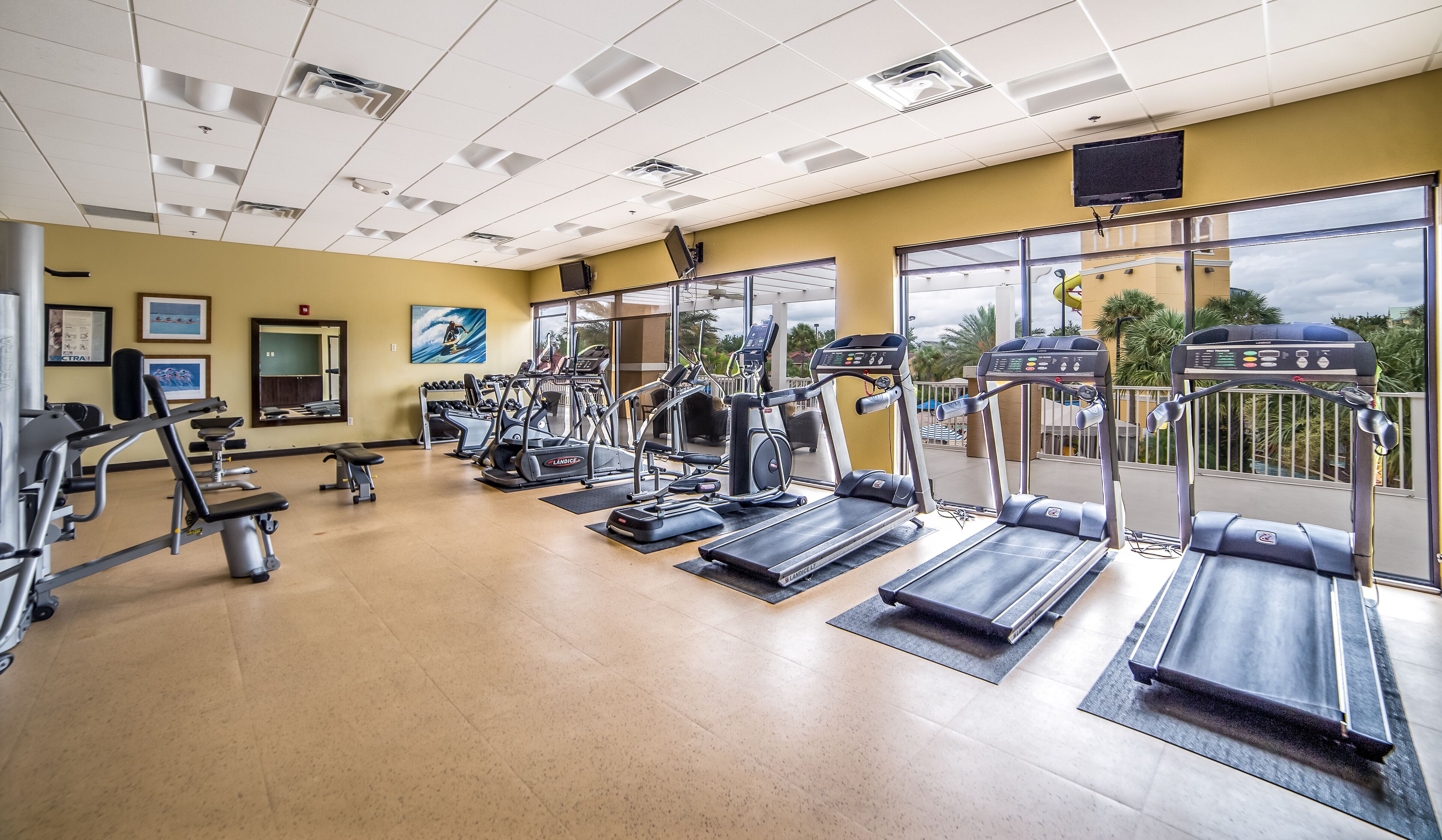 A gym with various exercise equipment, large windows, and a balcony with a view of palm trees.