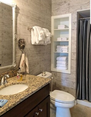 Combined shower/tub, hair dryer, towels, soap