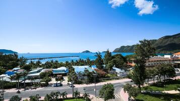 A coastal town with a clear view of the sea, a road with vehicles, and buildings with blue roofs.