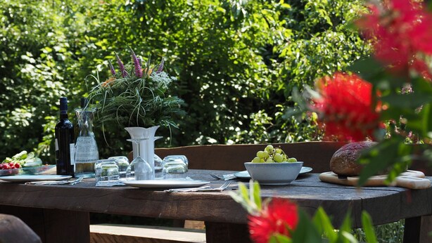 A wooden table set outdoors with a bottle, glasses, a vase with flowers, and a bowl of fruit. - Recreation and activity in the countryside with picturesque landscapes (Nahrendorf)