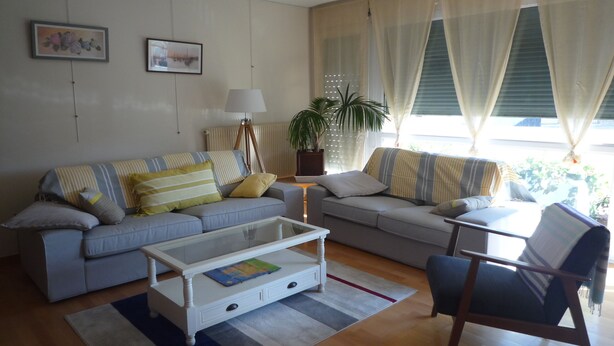 A living room with two sofas, a coffee table, a chair, and a lamp. - Large bright apartment with garage Centre Quimper (Quimper)