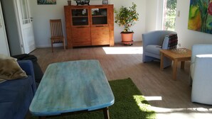 Een woonkamer met een houten kast, een blauwe bank, een groene vloerkleed en een plant in een pot.