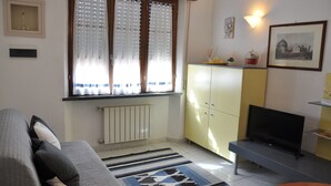 Ein Wohnzimmer mit einer Couch, einem Fernseher auf einem Schrank, einer Heizung, einem Fenster mit Vorhängen und einem Schrank.