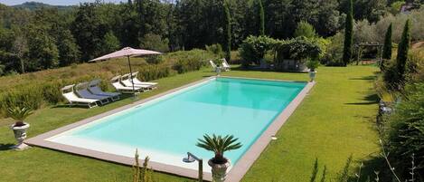 A rectangular swimming pool with a surrounding grassy area, a pergola, and lounge chairs.