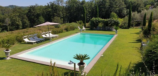 Una piscina rectangular con zona de césped alrededor, una pérgola y sillas de descanso.