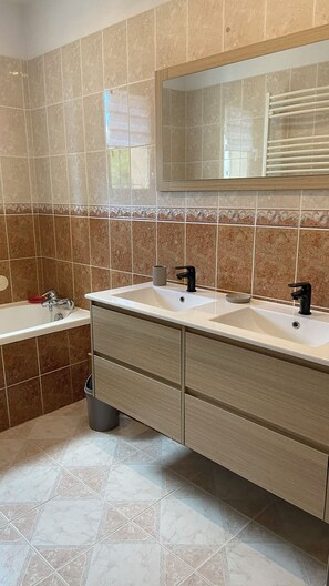 Bathtub, hair dryer, toilet paper