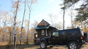 Un VUS noir est garé devant une cabane en bois dont le toit est vert, entourée de bouleaux et de feuillages d’automne.