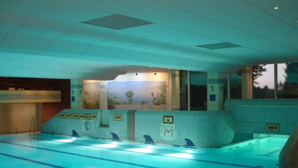 Une piscine dotée de plusieurs couloirs de nage, d’un plongeoir et d’une fresque murale.