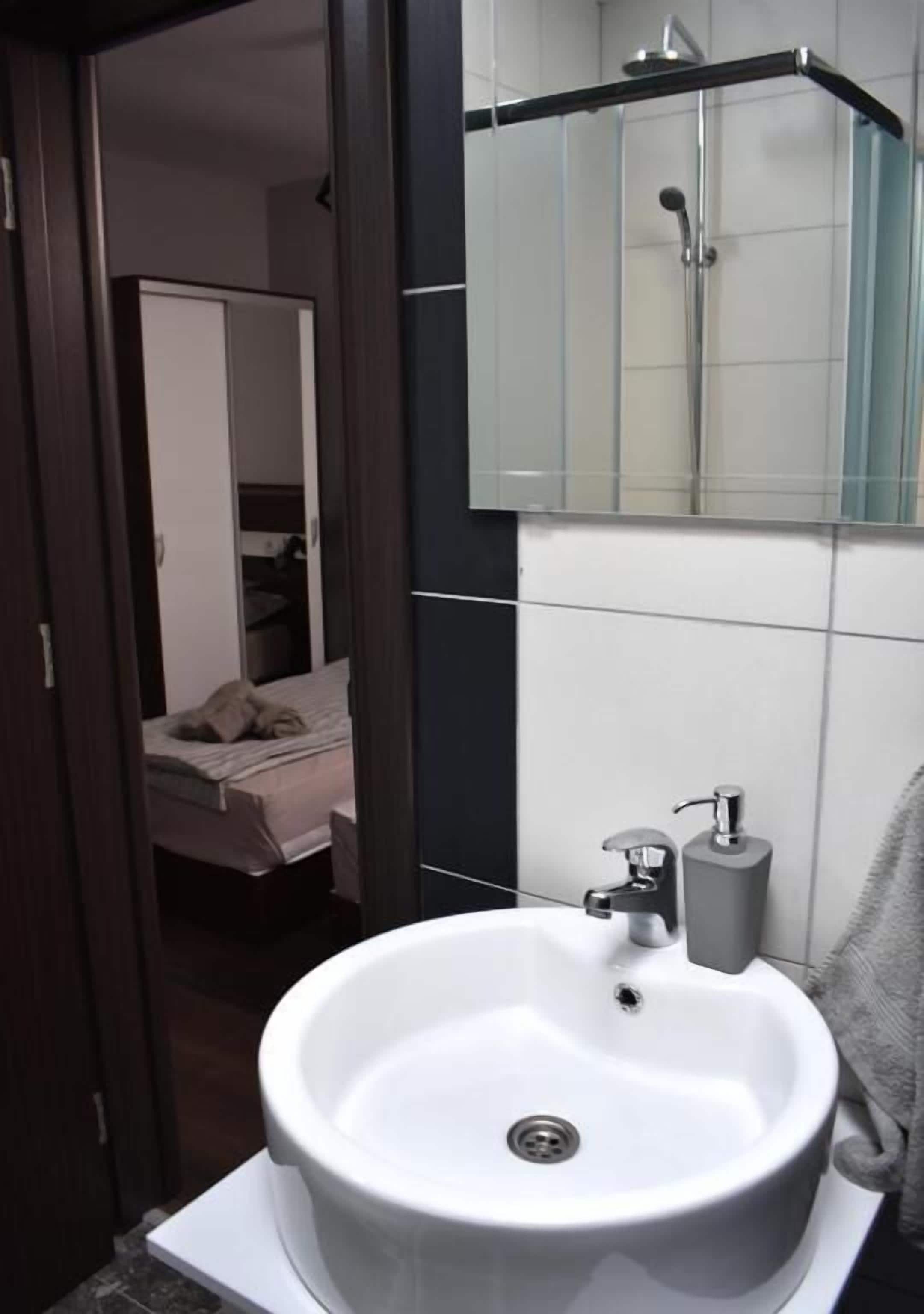 A modern bathroom with a large white sink, a glass shower enclosure, and a visible bed in the adjacent room.