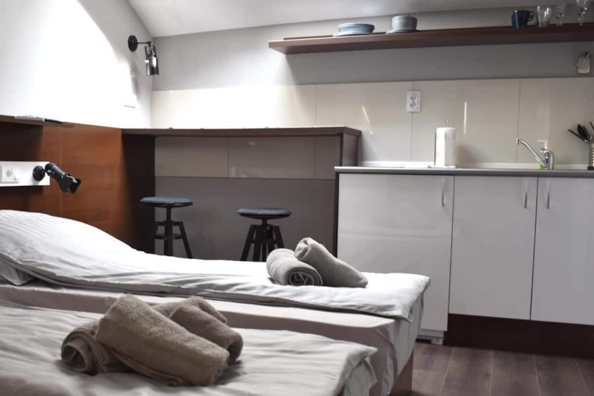 Une chambre avec deux lits, une petite kitchenette et une salle de bain.