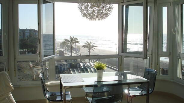 Un comedor con una mesa y sillas de vidrio, una planta en maceta y vistas a la playa y al océano a través de amplias ventanas.