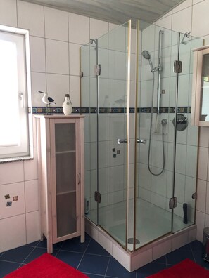 Shower, hair dryer, towels, soap