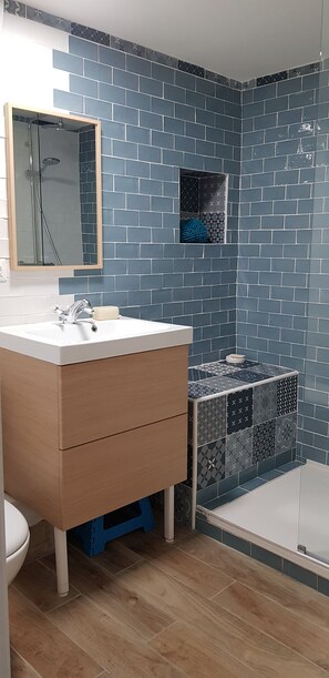 Shower, hair dryer, towels, soap