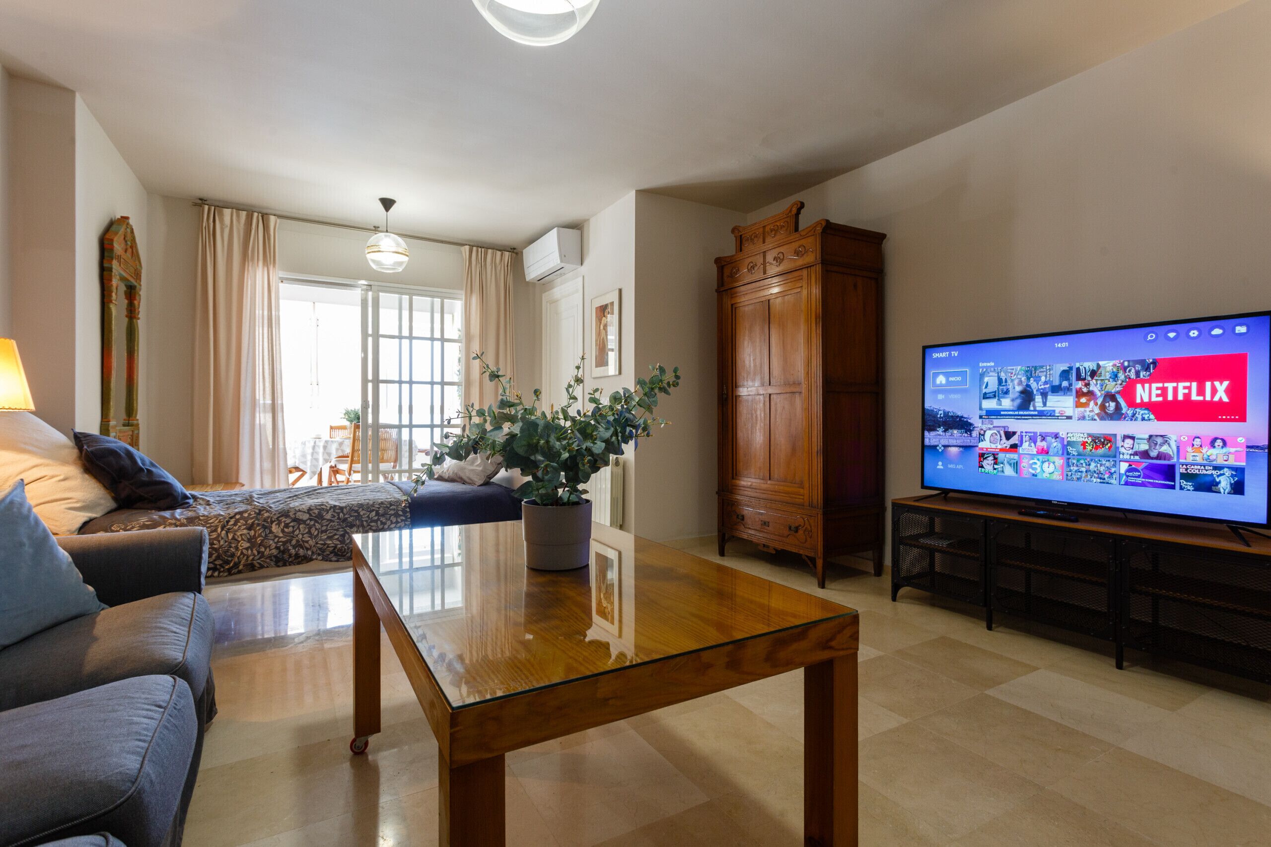 A living room with a sofa, a coffee table, a TV displaying a Netflix interface, and a potted plant.