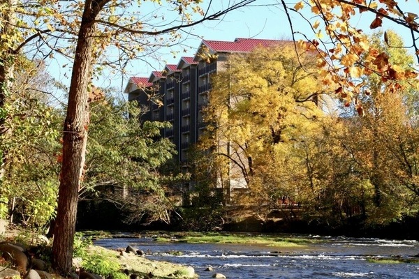 View of Cedar Lodge across the river