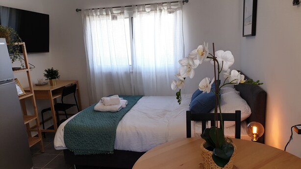 A neatly arranged bedroom with a bed, a bedside table with a lamp, a chair, a desk, and a small potted plant. - AirTLV Ben Hasher Apartments (Tel Aviv)