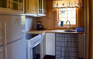 Frigorífico, placa de cocina, cafetera o tetera y utensilios de cocina