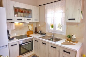 Fridge, oven, stovetop, coffee/tea maker