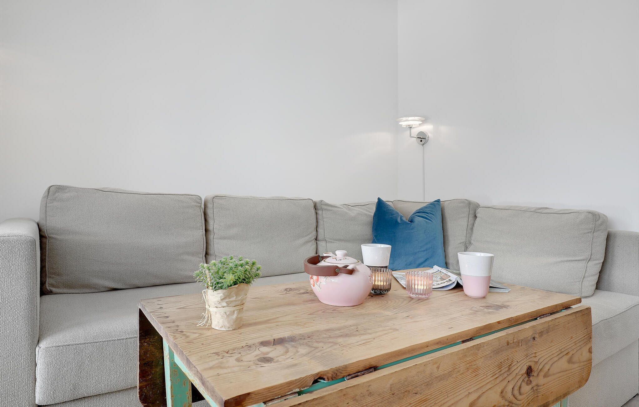 A living room with a grey sofa, a wooden coffee table, a small potted plant, a pink ceramic pot, and a blue pillow.