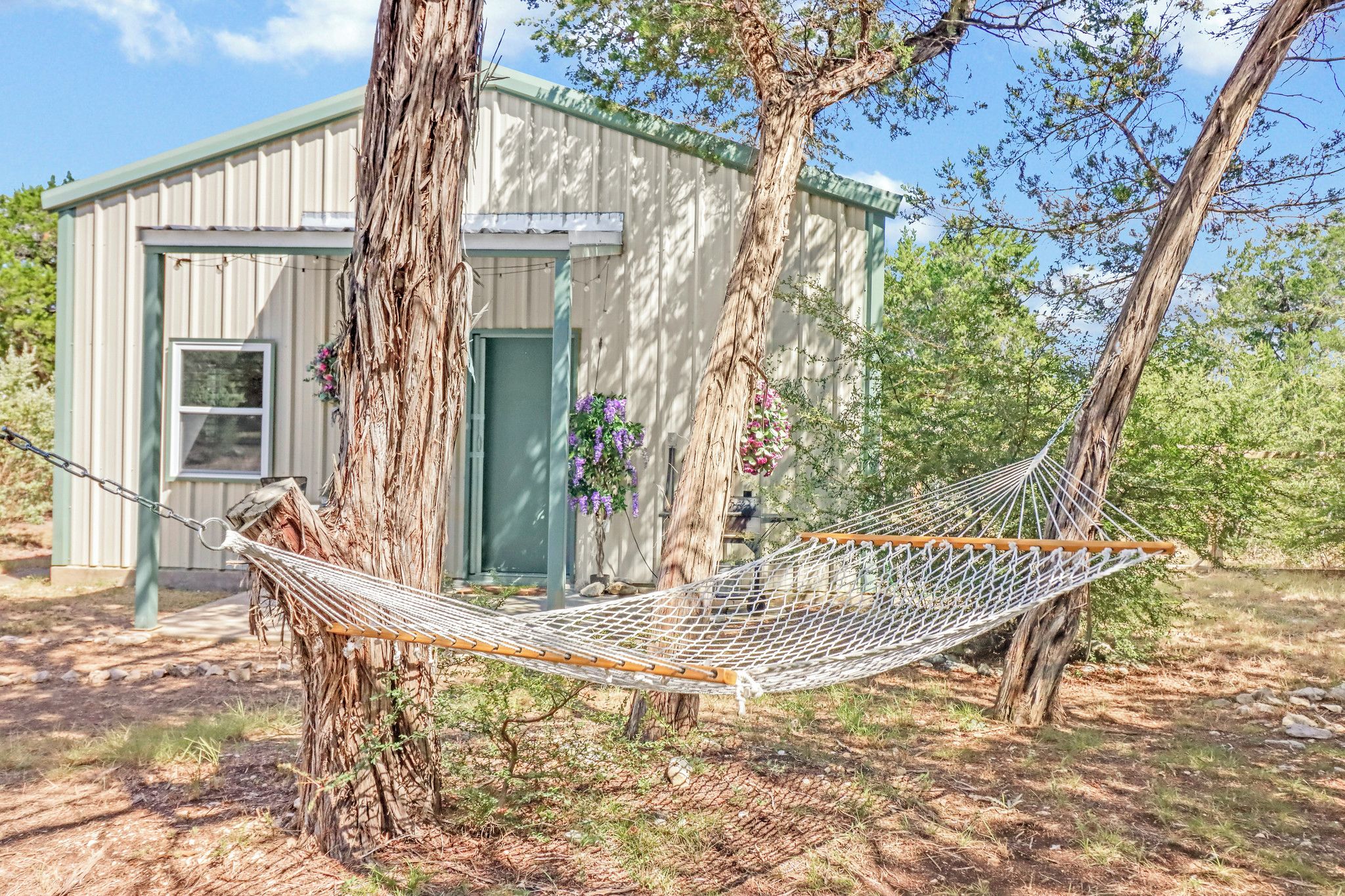 A hammock tied between two trees in a backyard with a shed in the background.