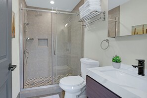 A modern bathroom with a glass-enclosed shower, a white toilet, and a vanity with a sink and mirror.