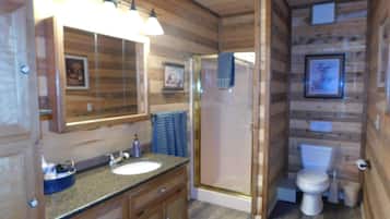 Combined shower/tub, hair dryer, towels, soap