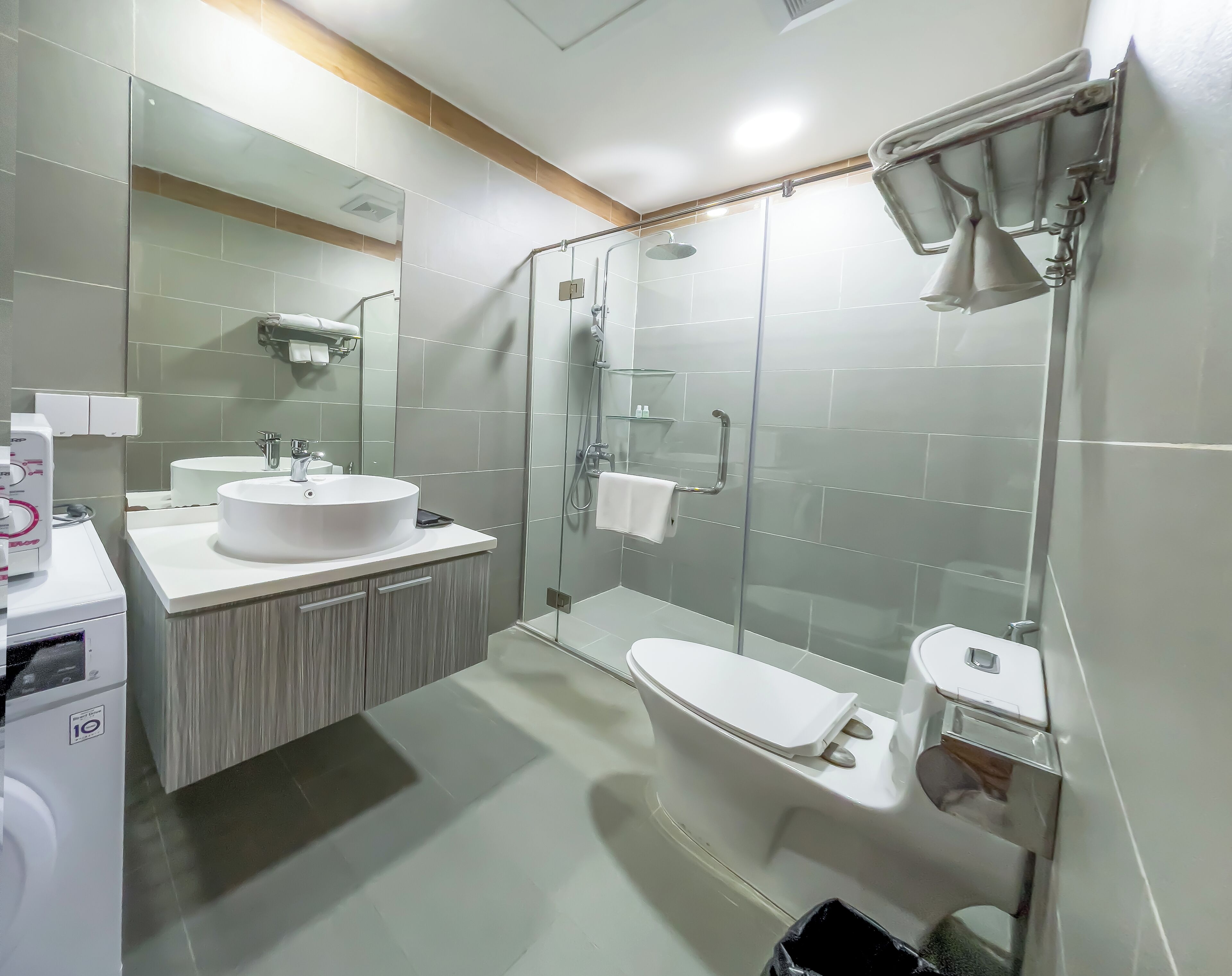 A modern bathroom with a glass-enclosed shower, a white sink, and a toilet.