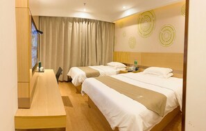 A hotel room with two beds, a desk, and a large window with curtains. - Greentree Inn Baoding Qingyuan District Jianshe North Road Express Hotel (Baoding)