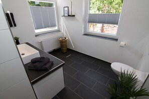 Shower, towels, toilet paper