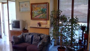 Ett vardagsrum med en soffa, en tv, en öppen spis och ett stort fönster med persienner.
