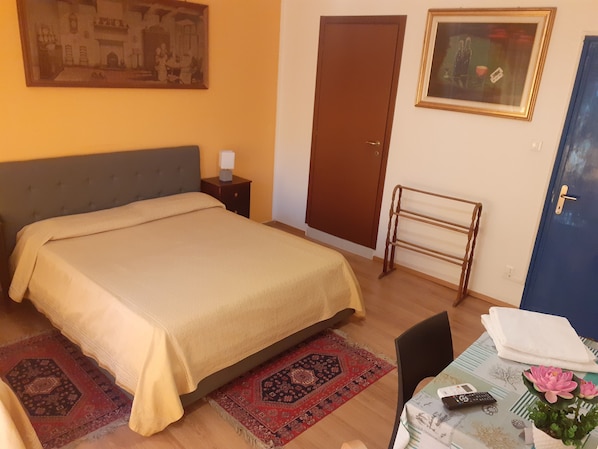 Un dormitorio con cama, mesita de noche, silla, mesa con un control remoto, planta en maceta y dos alfombras.