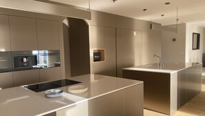 A modern kitchen with a central island, built-in appliances, and a minimalist design. - VILLA PORTICCIO SWIMMING POOL EXCEPTIONAL SEA VIEW - BEACH 5 mn -GARDEN LANDSCAPE (Corse)