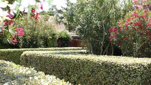 Un jardin avec des haies soigneusement taillées, des arbustes en fleurs et une clôture en bois en arrière-plan.